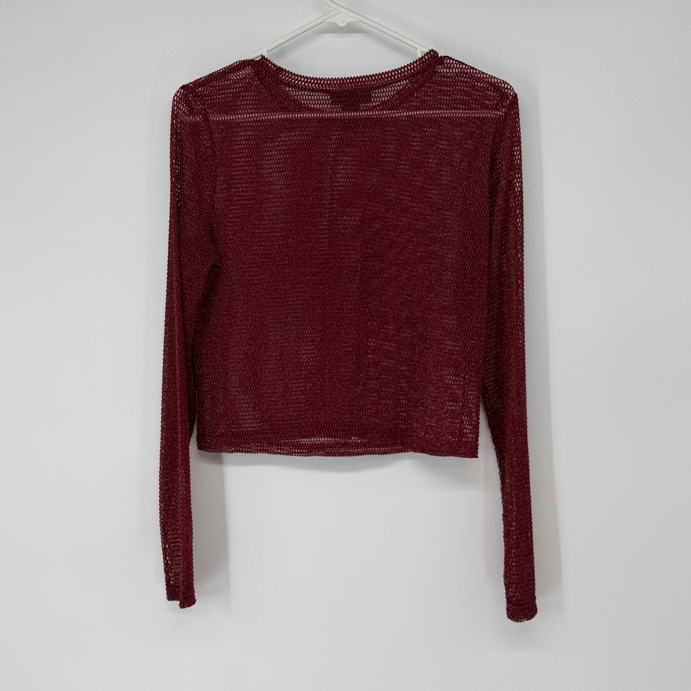 Burgundy‎ Metallic Mesh Long Sleeve Crop Top XL Whimsigoth Sheer Layering Goth